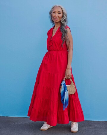 Pure Cotton Tie Front Tier Maxi Dress