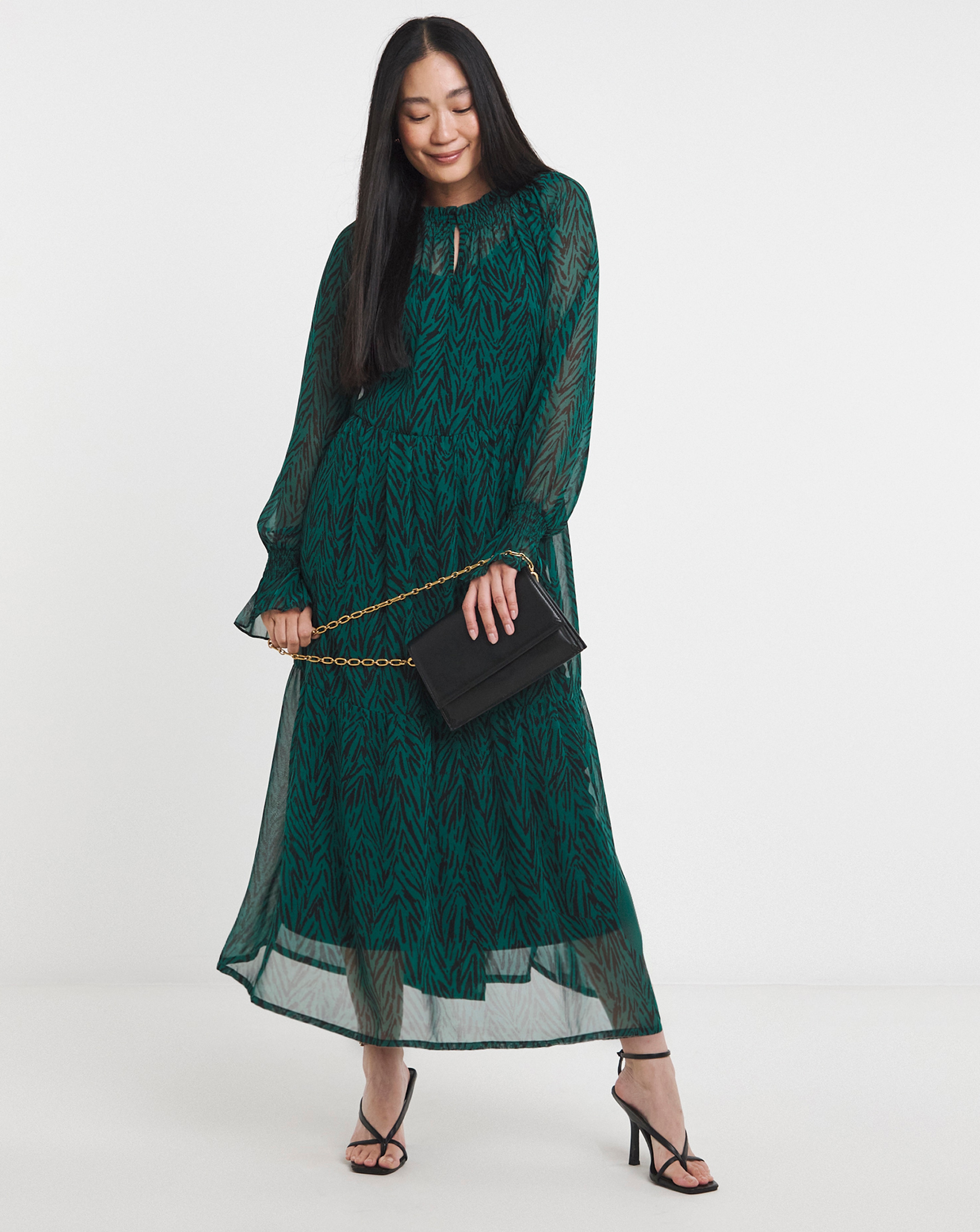 Shirred High Neck Tiered Maxi Dress