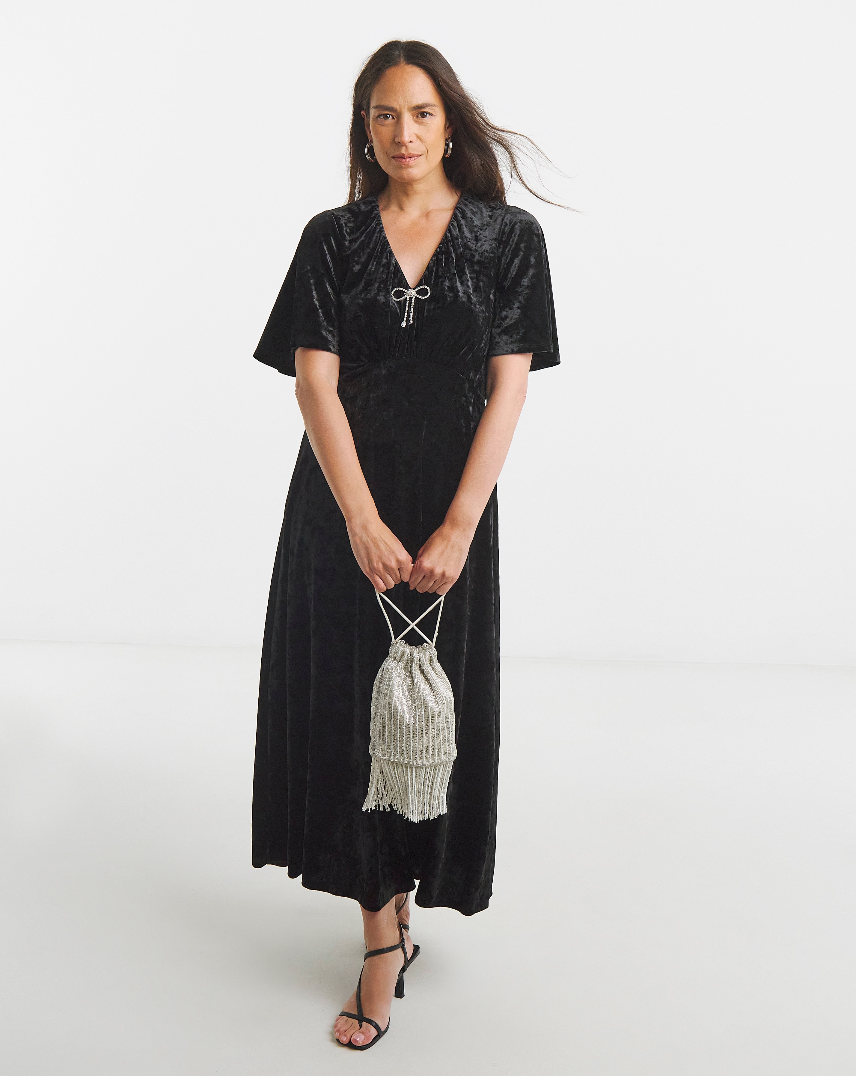 V-Neck Bow Crushed Velvet Dress