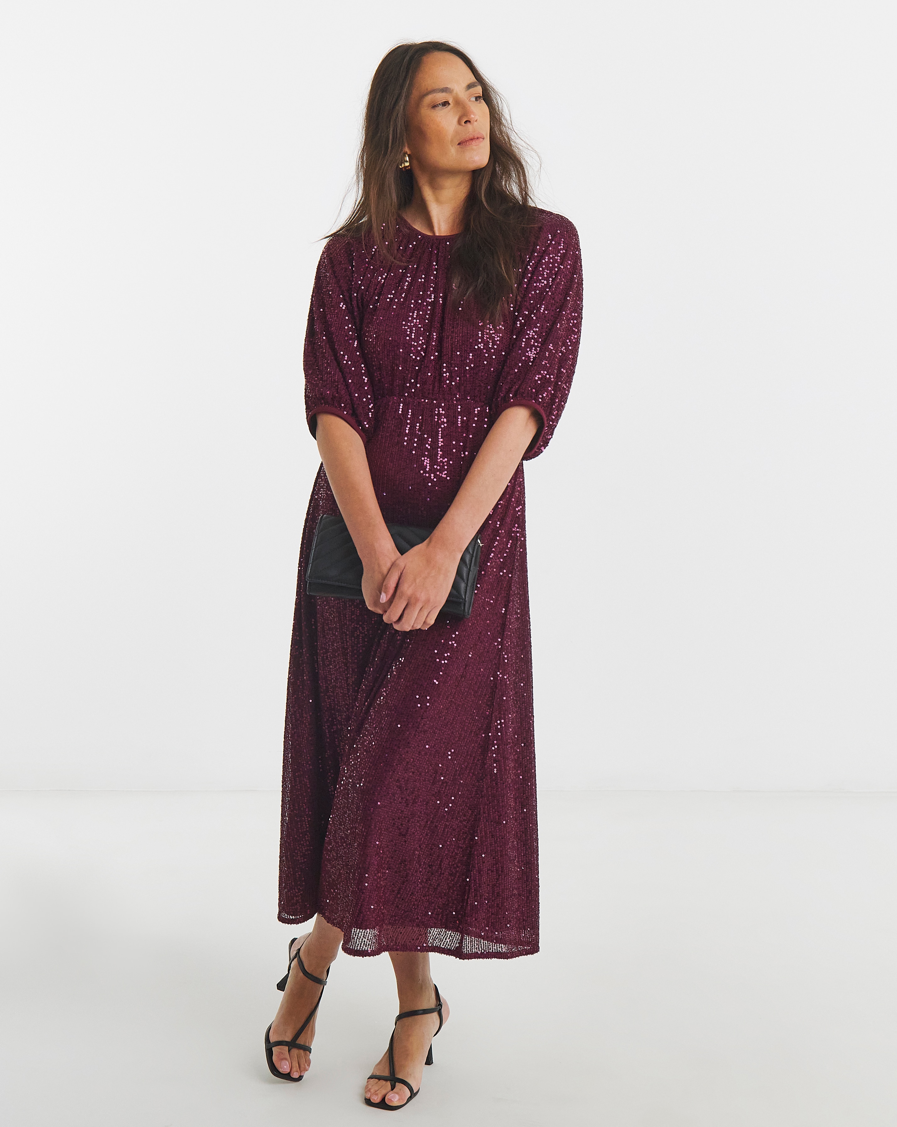 Linear Sequin Puff Sleeve Midi Dress