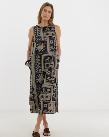 Border Print Linen Midi Shift Dress