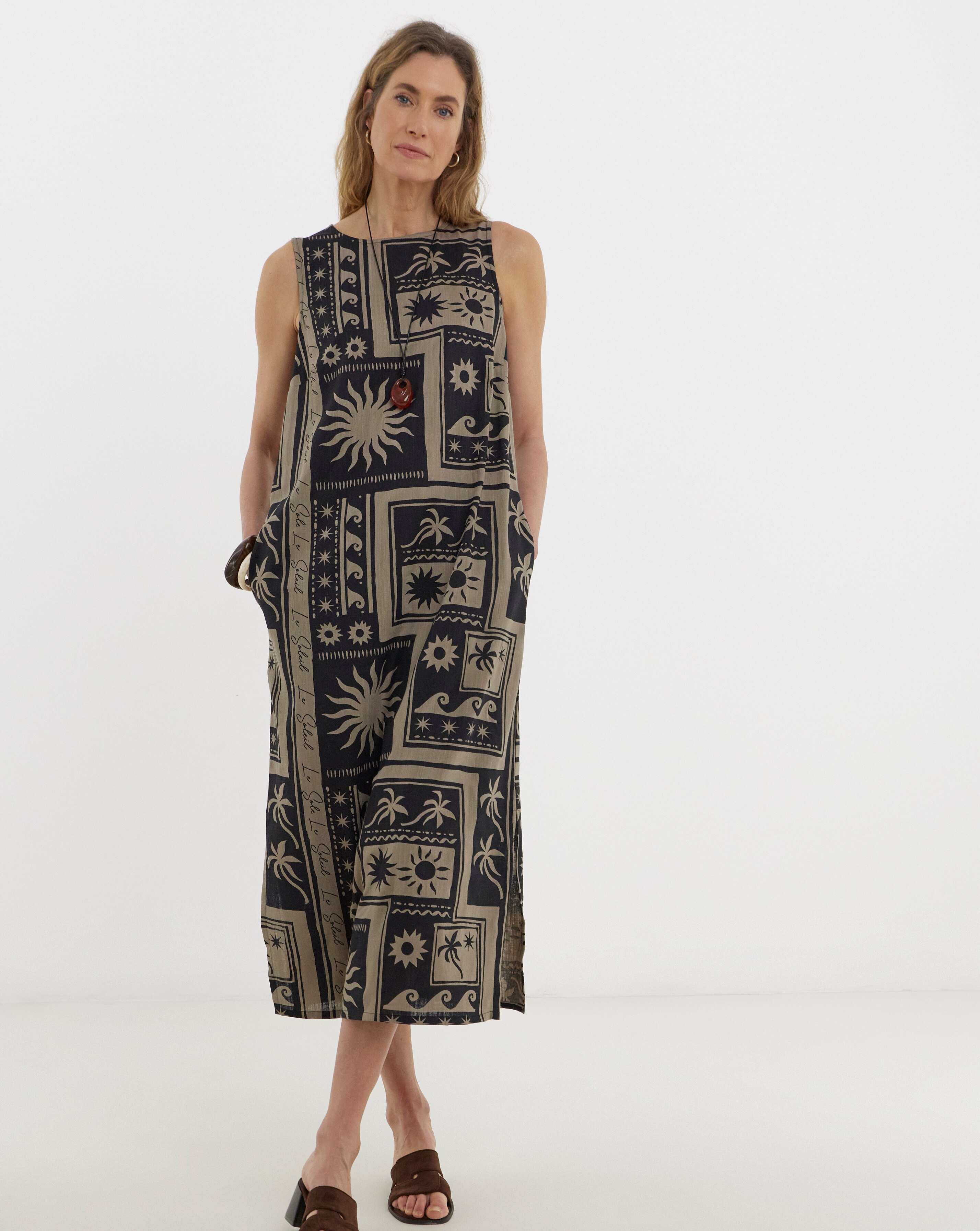 Border Print Linen Midi Shift Dress