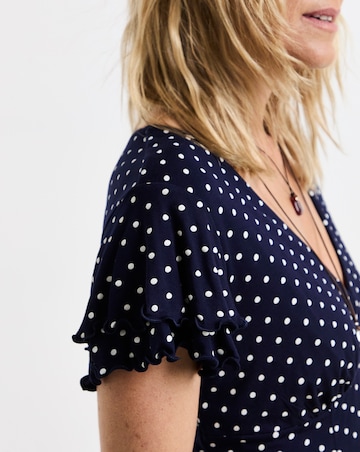 Flutter Sleeve Navy Spot Hanky Hem Midi Dress