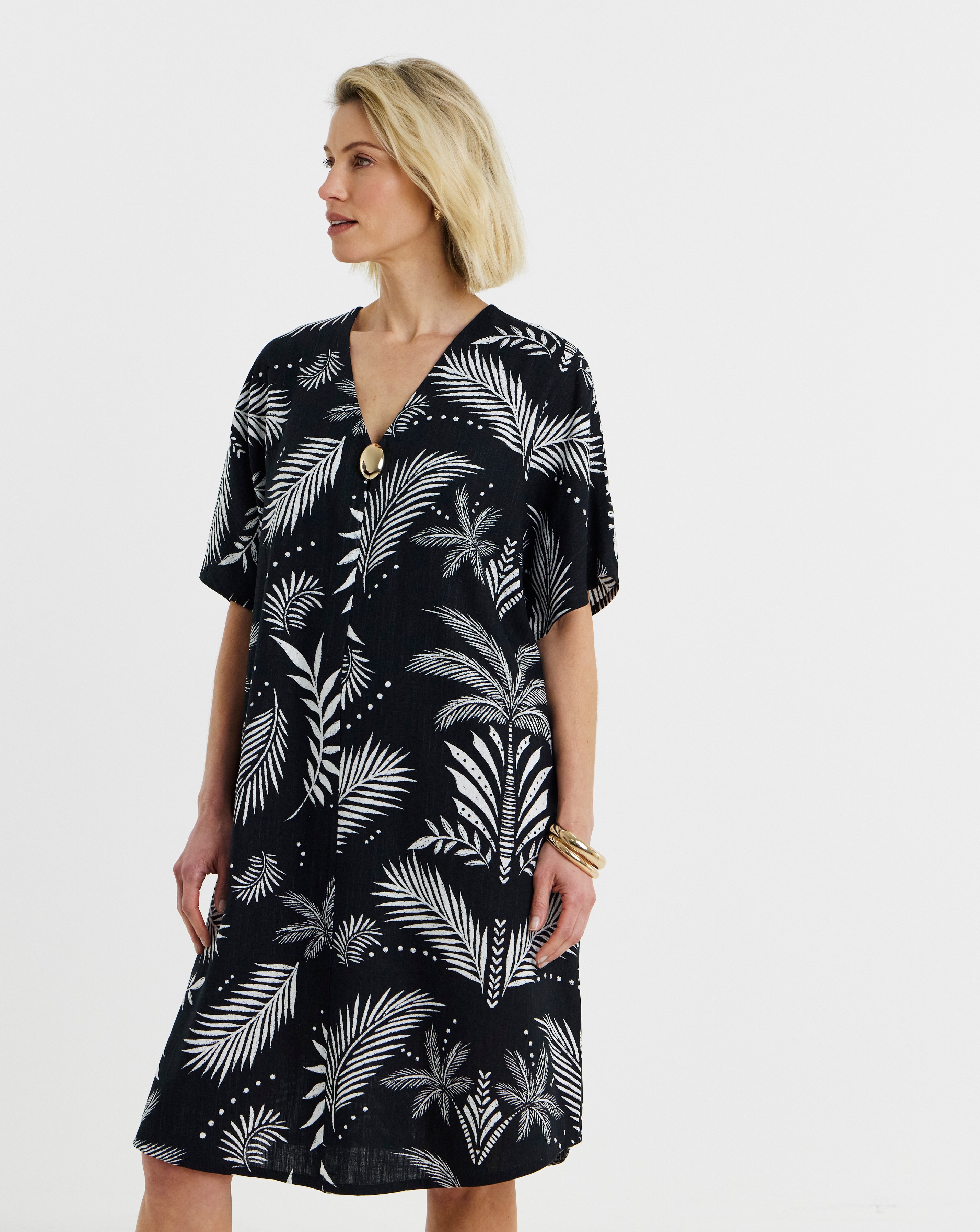 Linen Metal Trim Tunic Dress