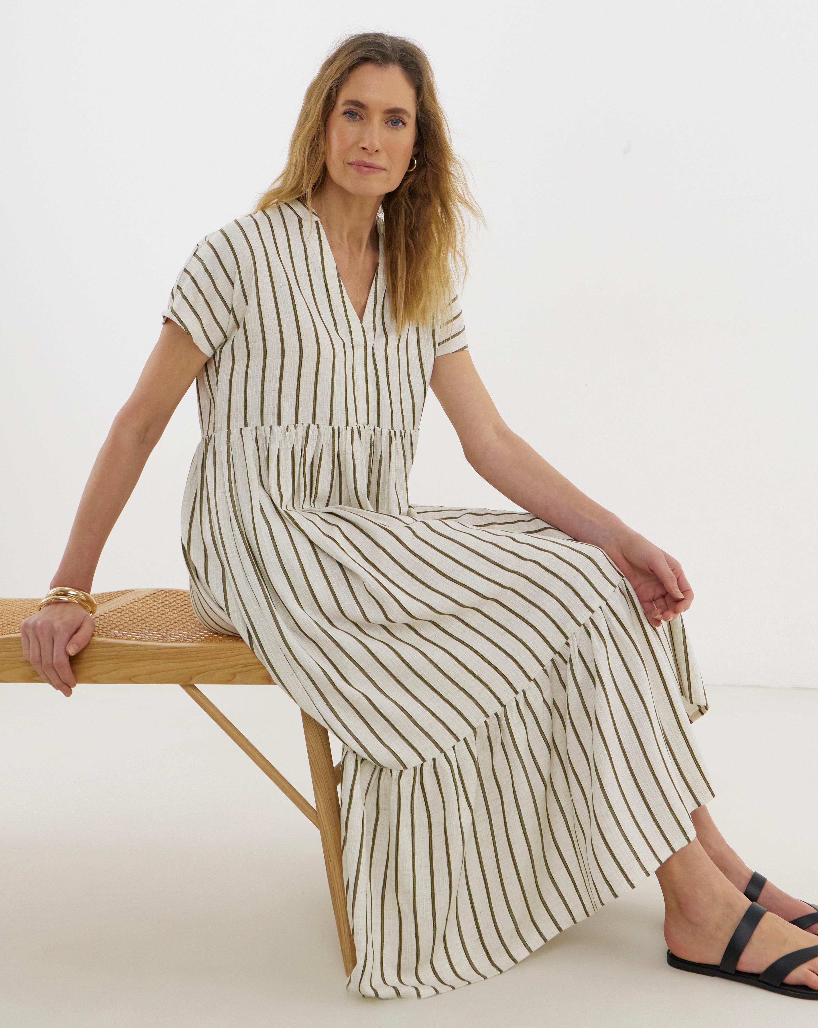 New In - Jacquard Stripe Collarless Smock Dress