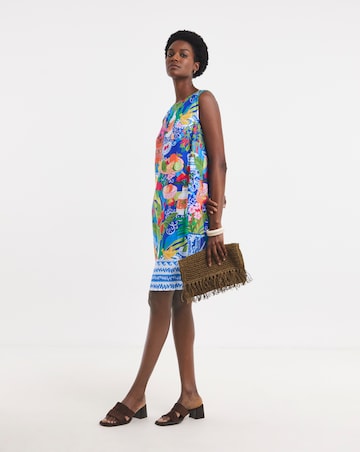 Border Print Linen Sleeveless Shift Dress