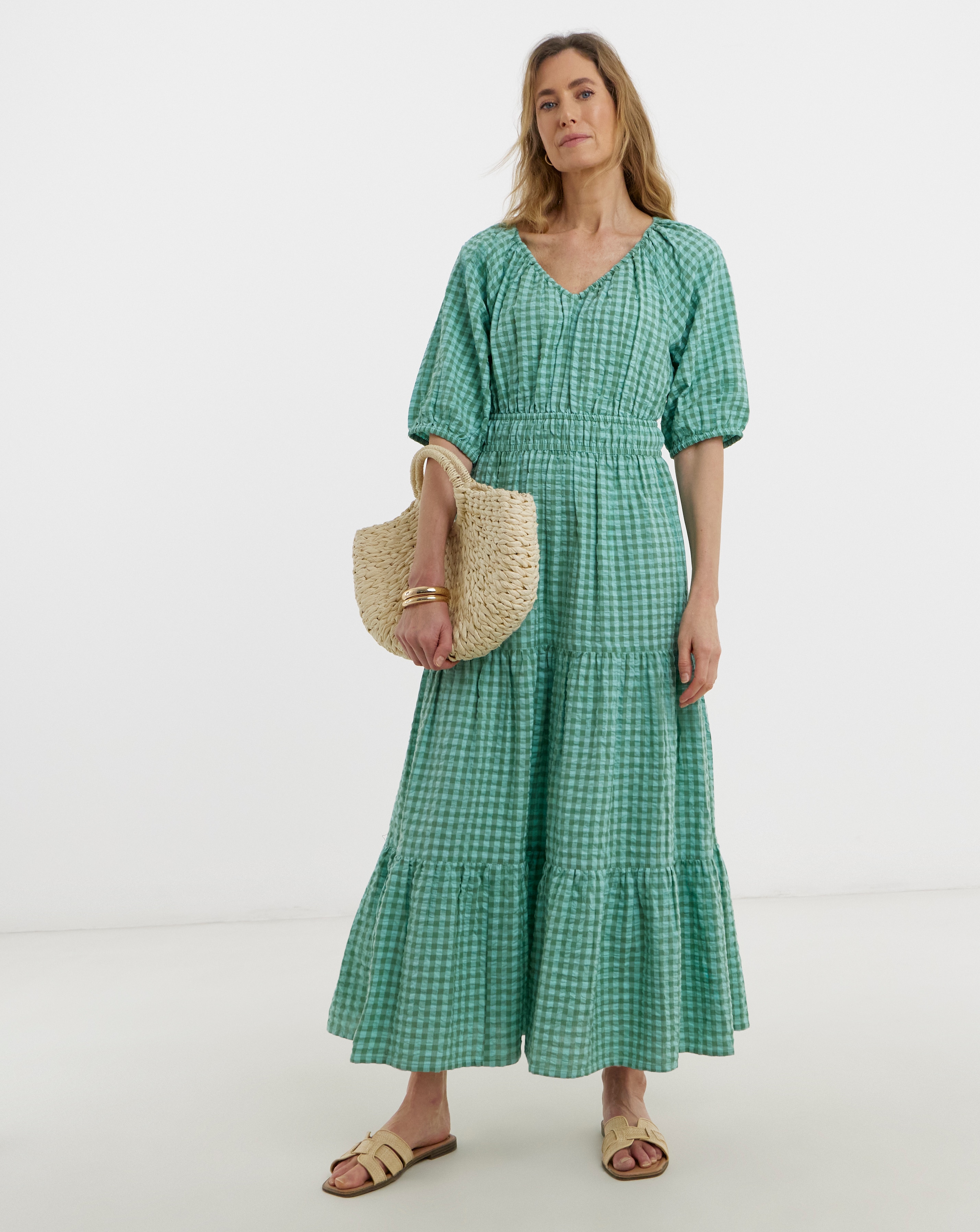 New In - Gingham Short Sleeve Maxi Dress