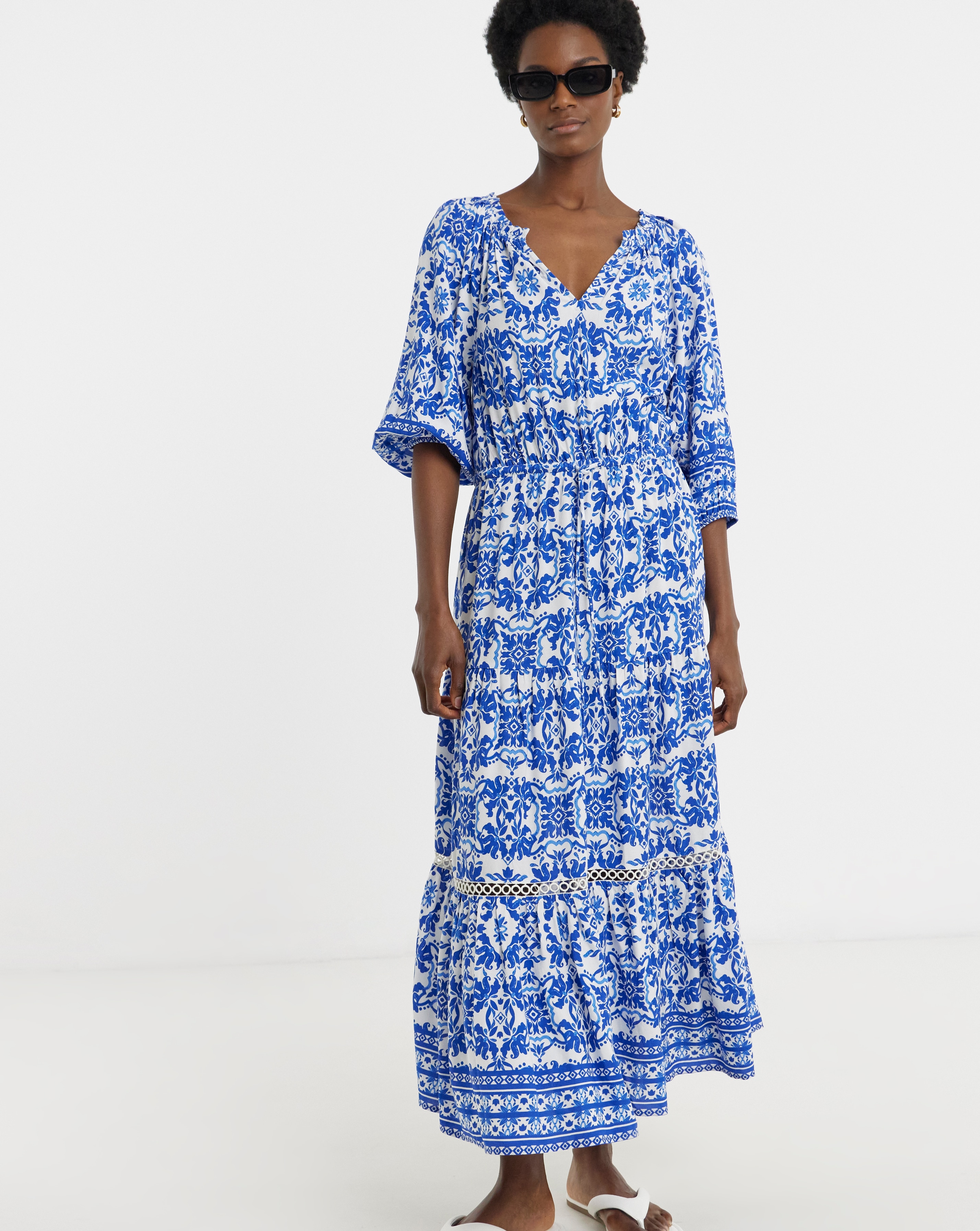 Border Print Tiered Maxi Dress