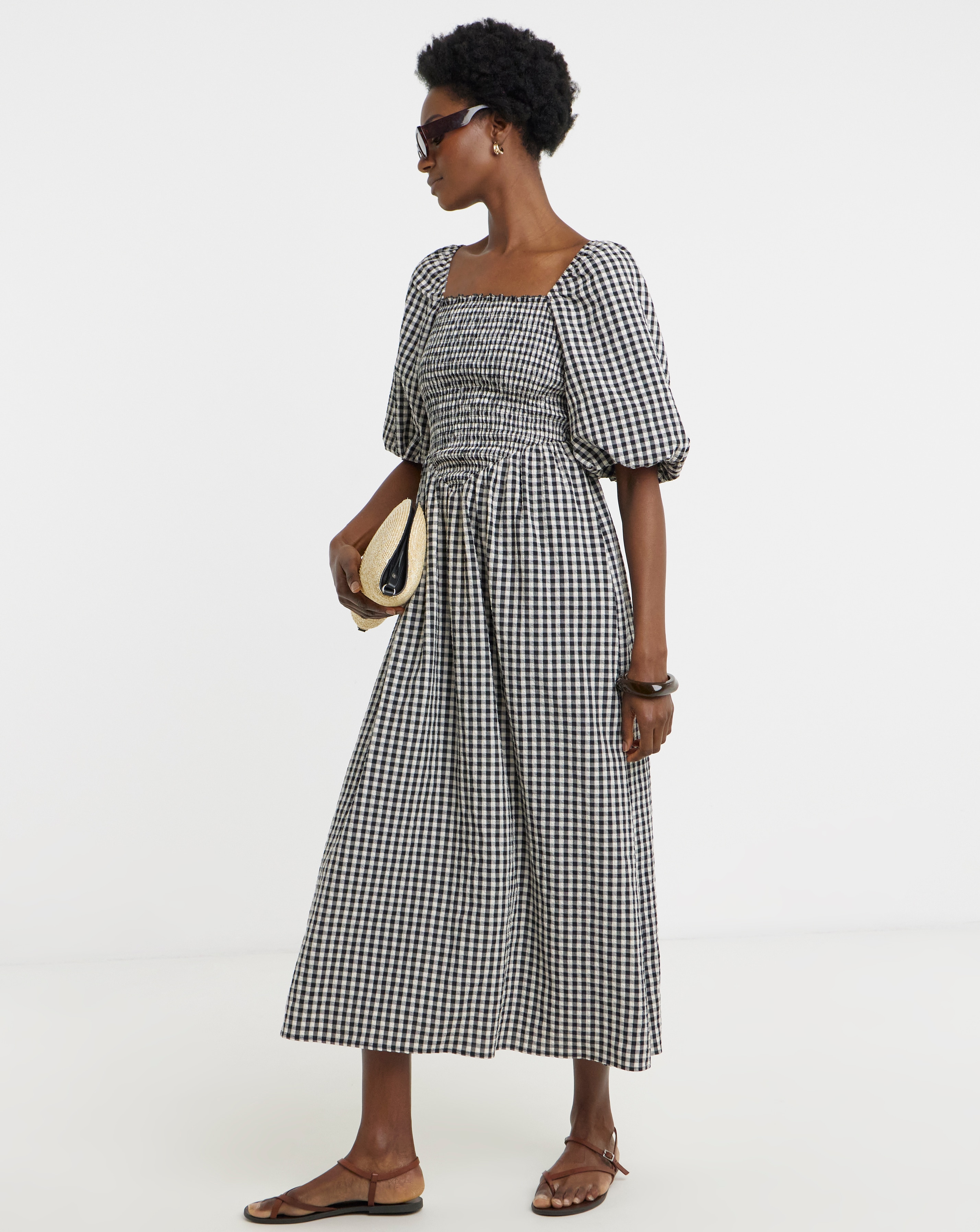 New In - Check Shirred Drop Waist Dress