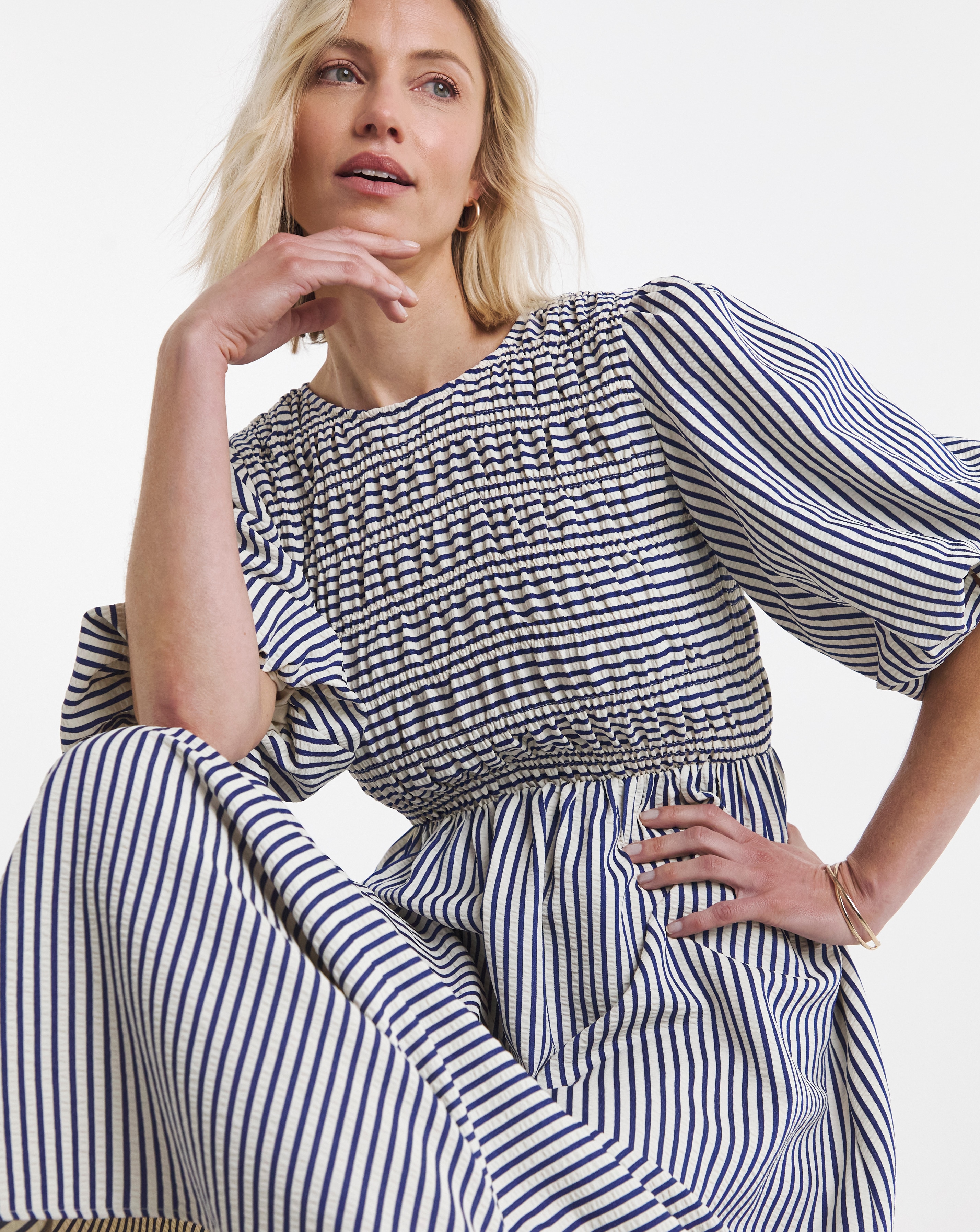New In - Stripe Shirred Puff Sleeve Dress