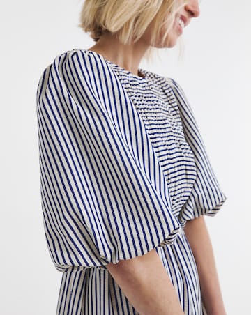 Blue Stripe Shirred Puff Sleeve Dress