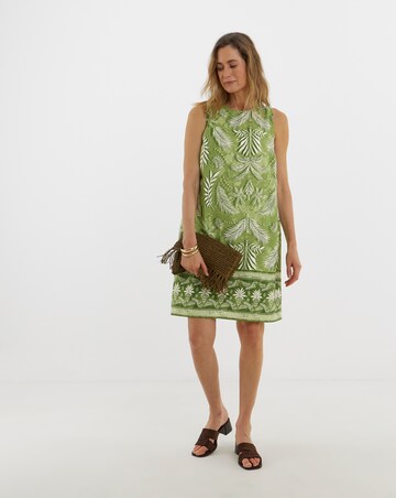 Border Print Linen Sleeveless Shift Dress