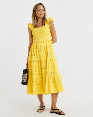 Yellow Broderie Shirred Midi Dress