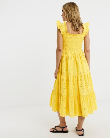 Yellow Broderie Shirred Midi Dress