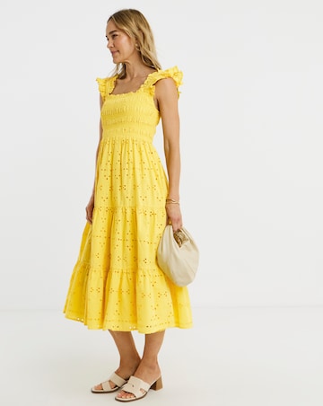 Yellow Broderie Shirred Midi Dress