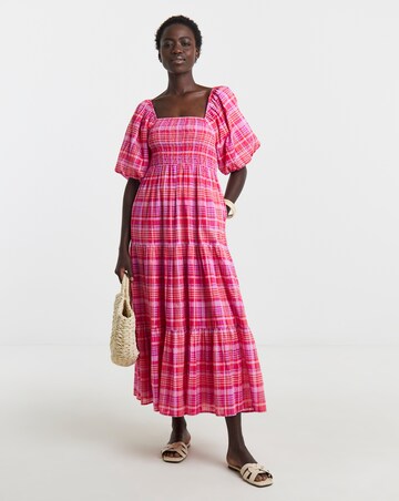 Check Shirred Smock Dress