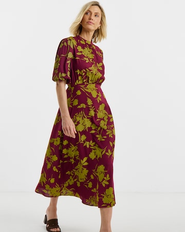 Burgundy Floral Print High Neck Puff Sleeve Tea Dress