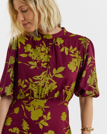 Burgundy Floral Print High Neck Puff Sleeve Tea Dress