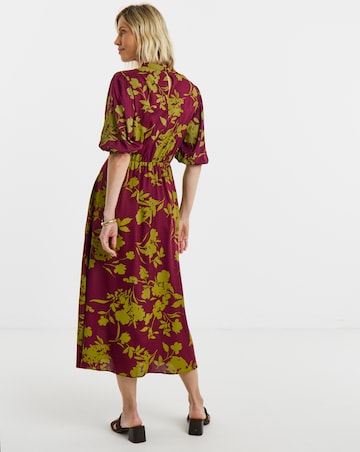Burgundy Floral Print High Neck Puff Sleeve Tea Dress