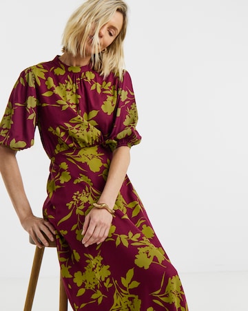 Burgundy Floral Print High Neck Puff Sleeve Tea Dress