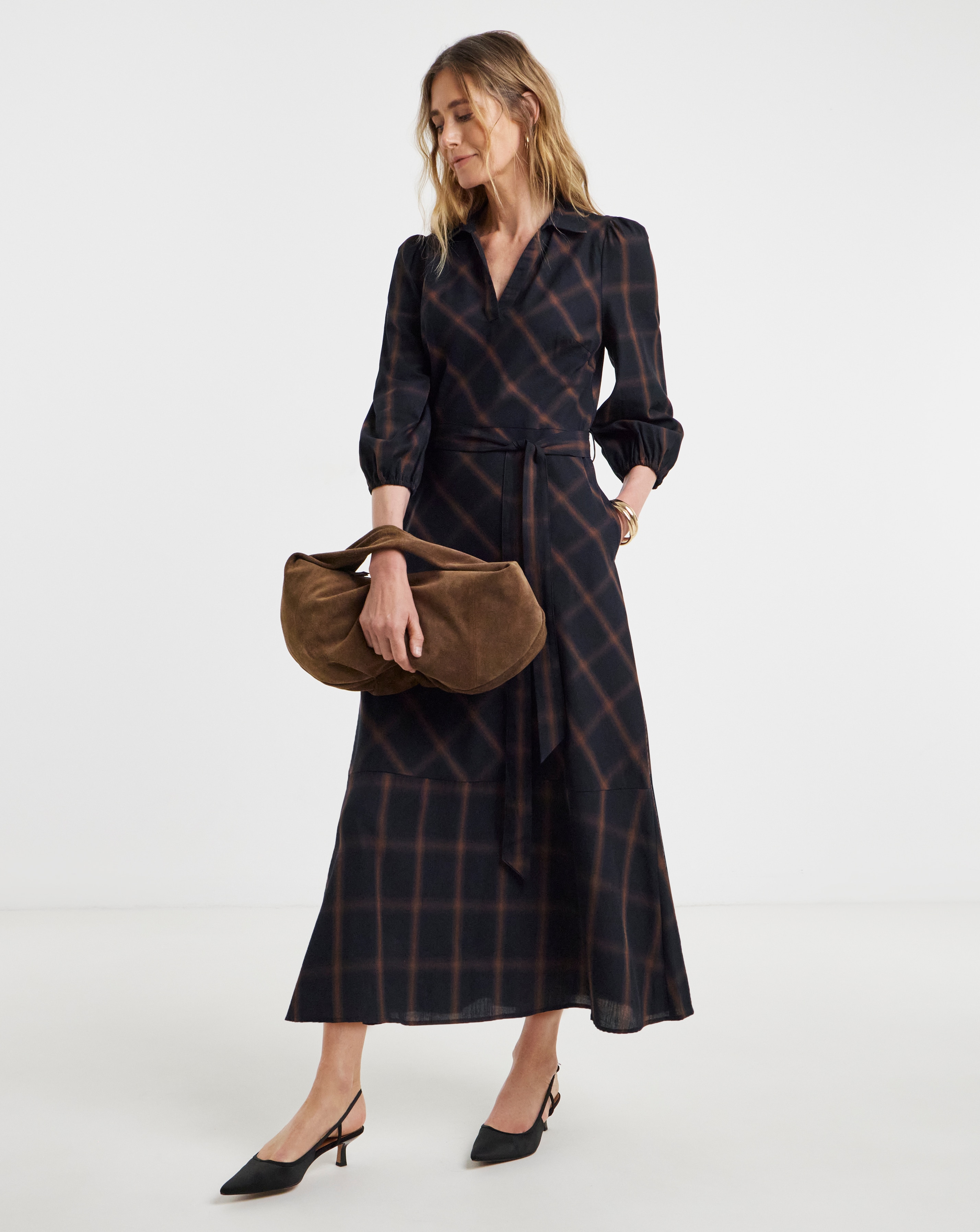Navy Check Belted Shirt Dress