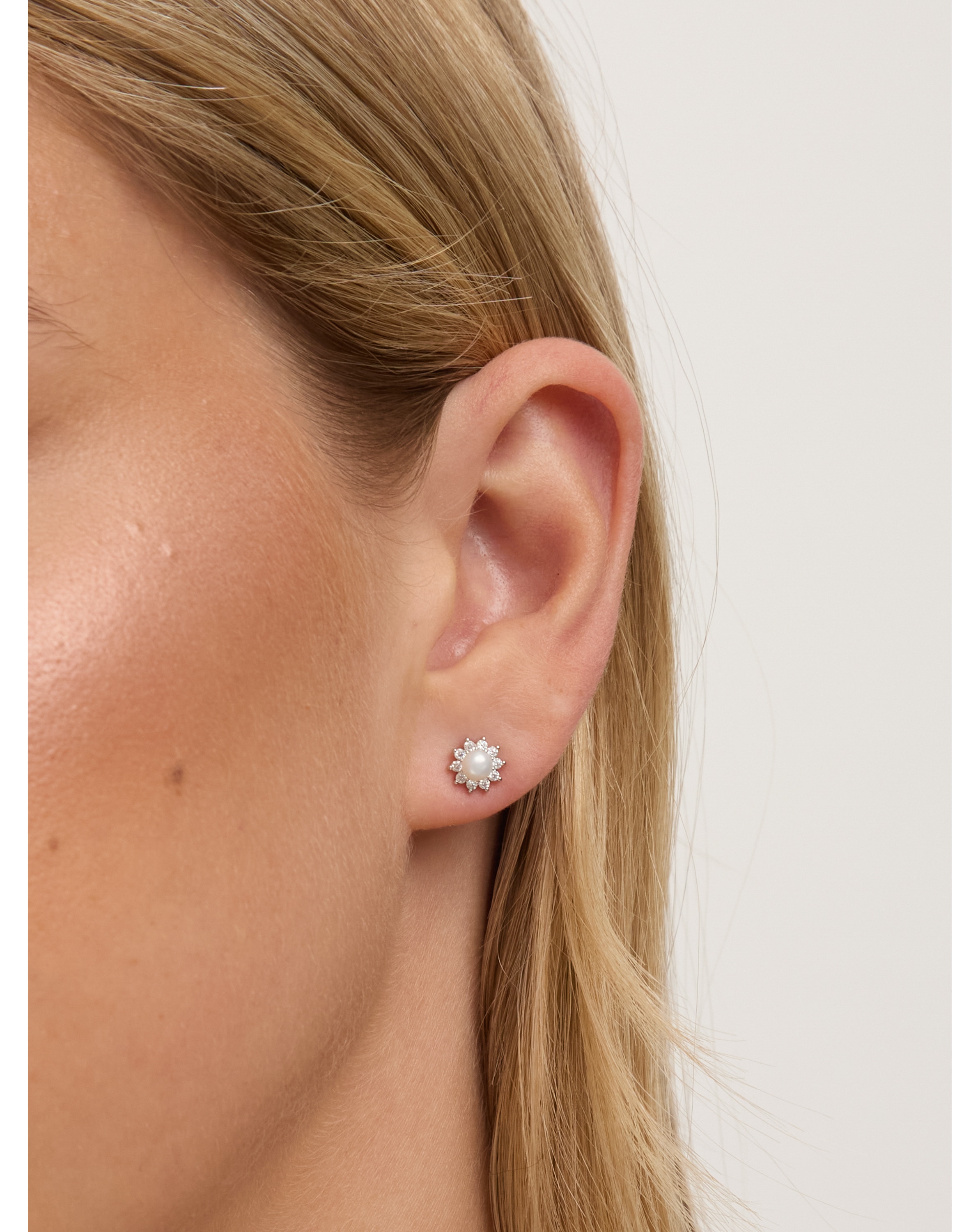 Rhodium Plated Pearl Crystal Earrings