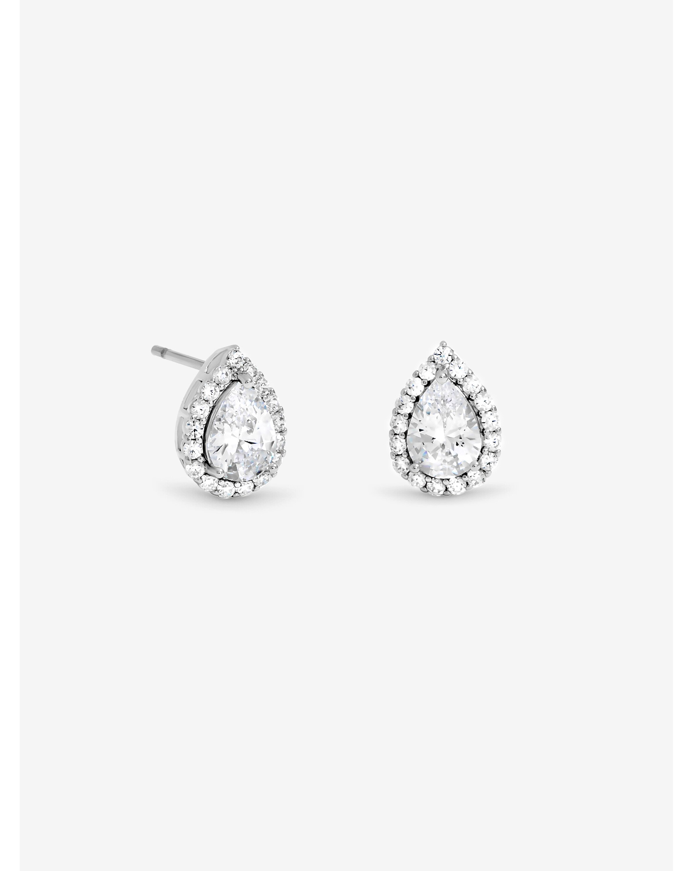 Rhodium Plated Pear Halo Stud Earrings