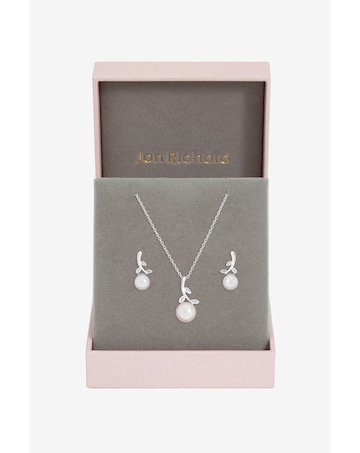 Jon Richard Rhodium Plated Crystal Leaf and Pearl Drop Set - Gift Box