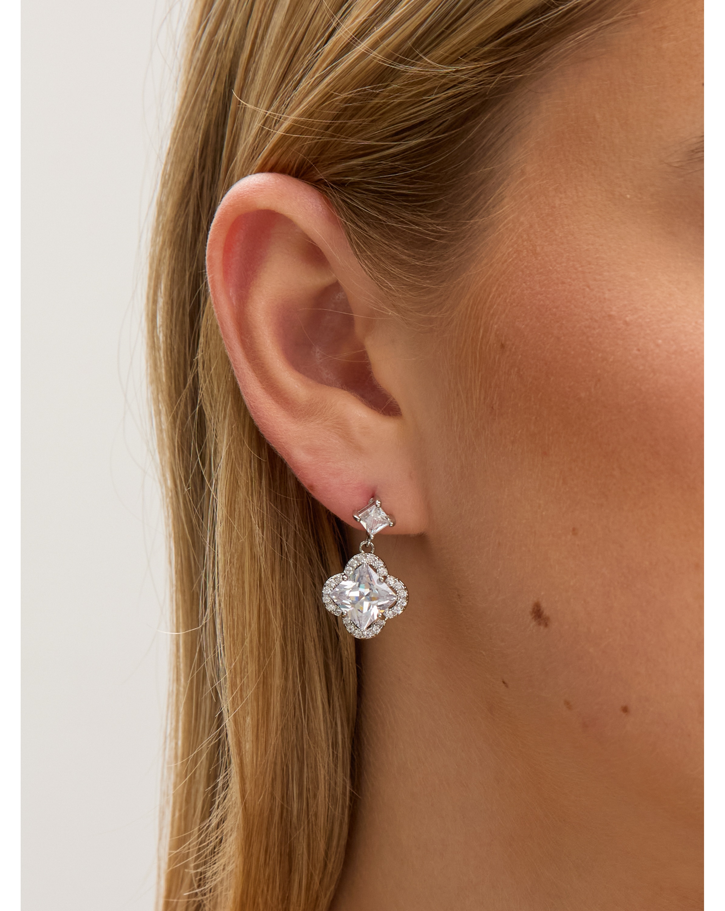 Rhodium Plated and CZ Clover Earrings