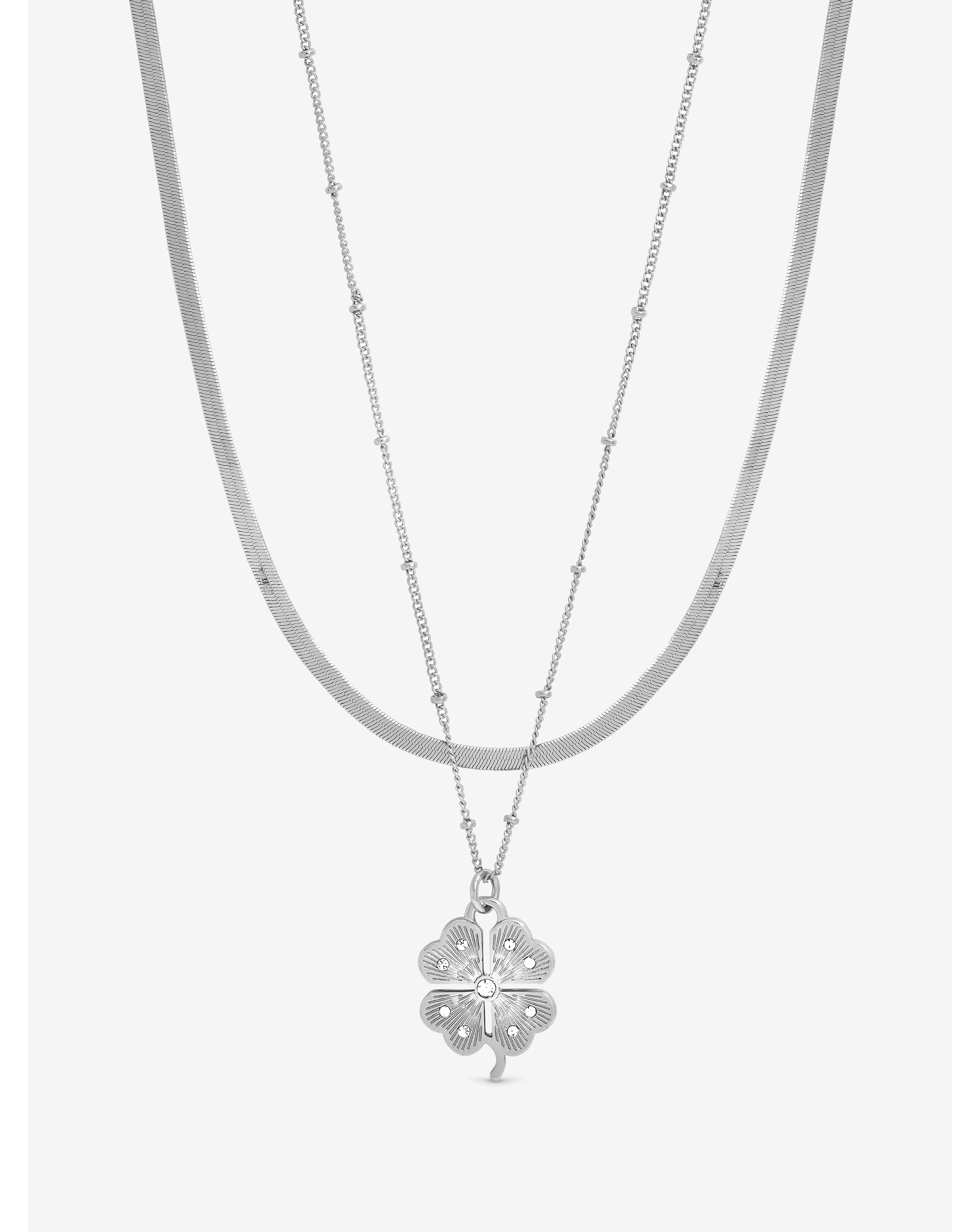 Silver Crystal Clover Double Row Pendant