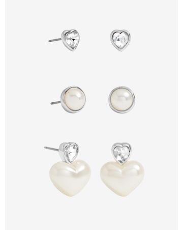 Mood Silver Crystal & Pearl Heart Earrings - Pack of 3