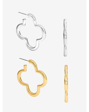 Mood Silver & Gold Polished Open Clover Hoop Earrings - Pack of 2