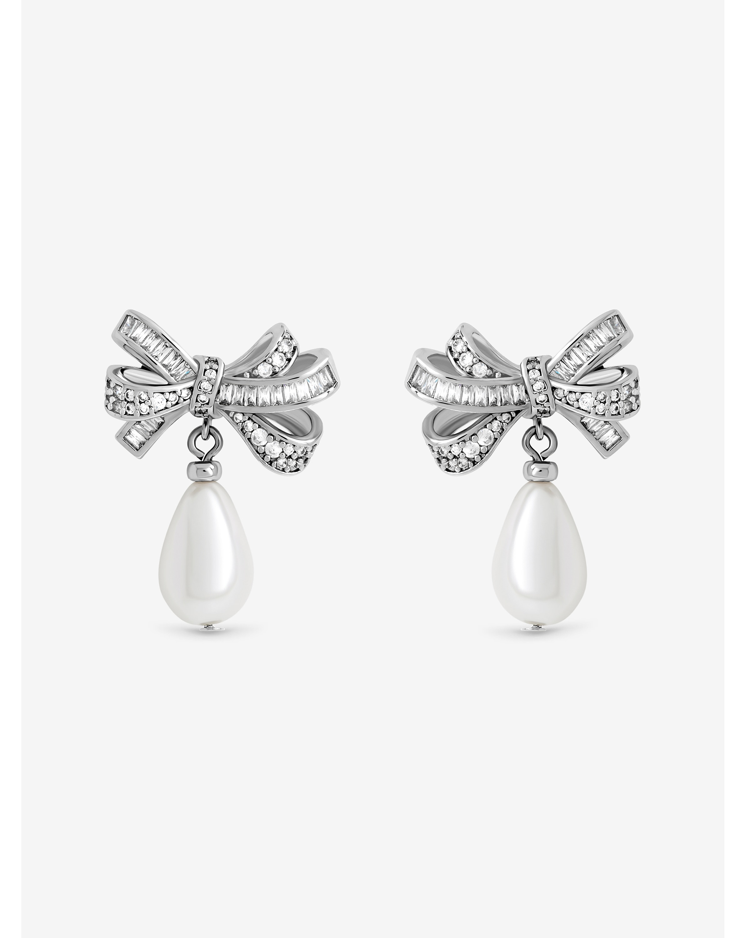Rhodium Plated CZ Bow and Pearl Earrings