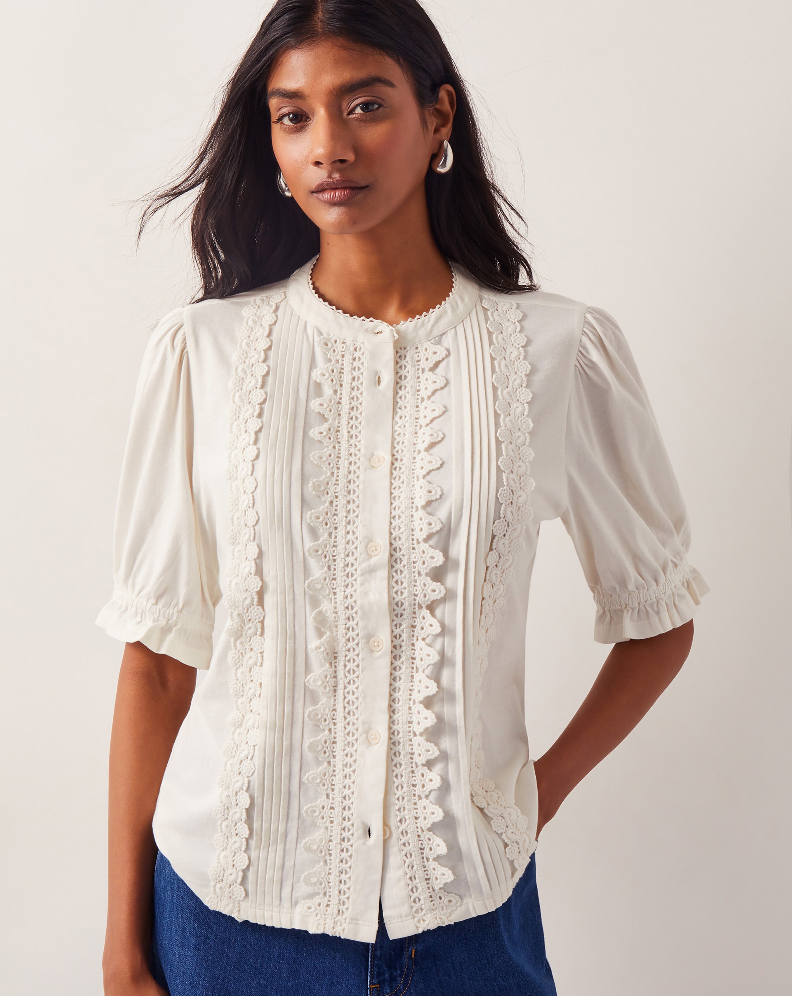 l'aube blanc Geometric Lace Blouse laubeblanc Drape sleeve lace