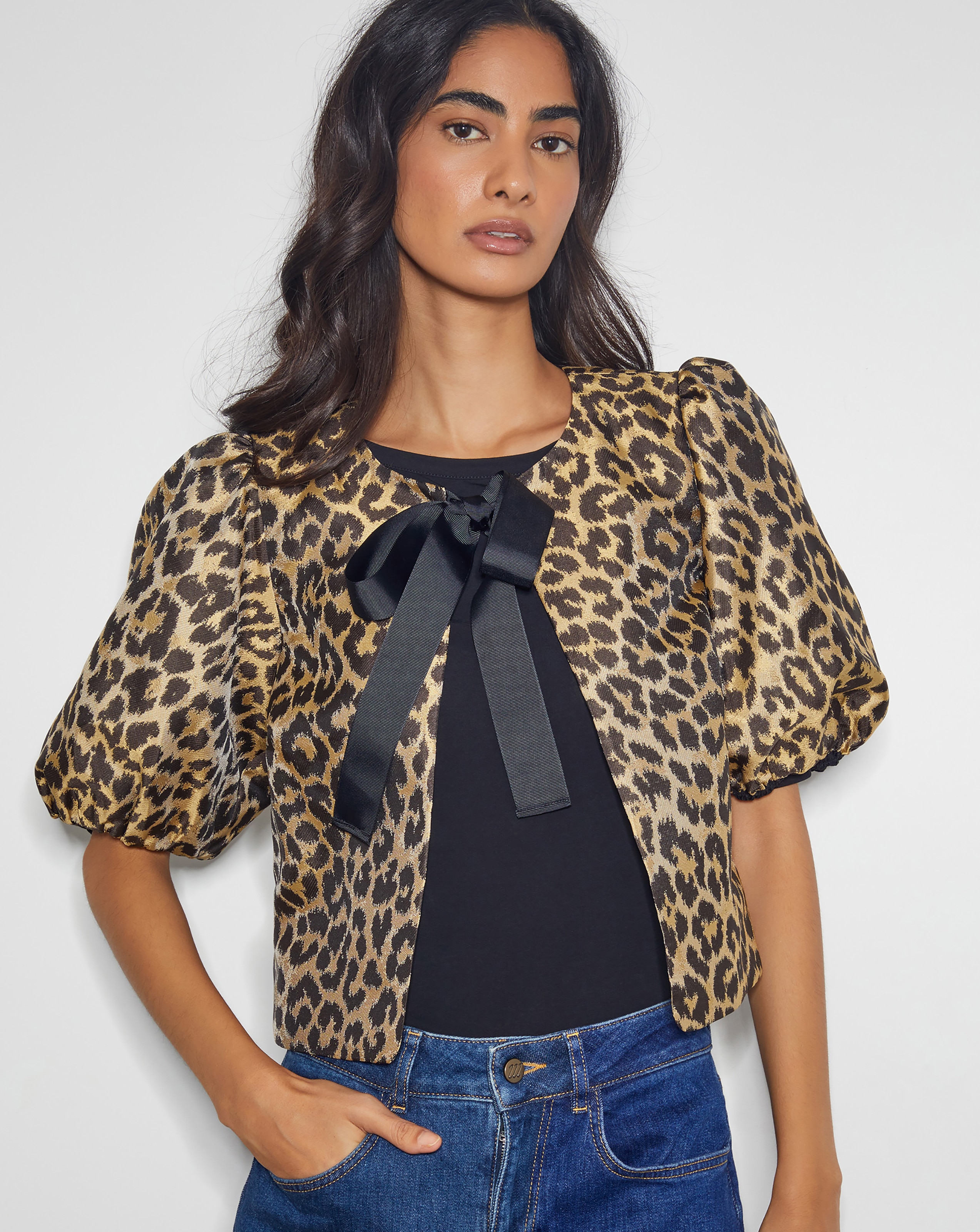 Monsoon Anne Leopard Print Bow Jacket