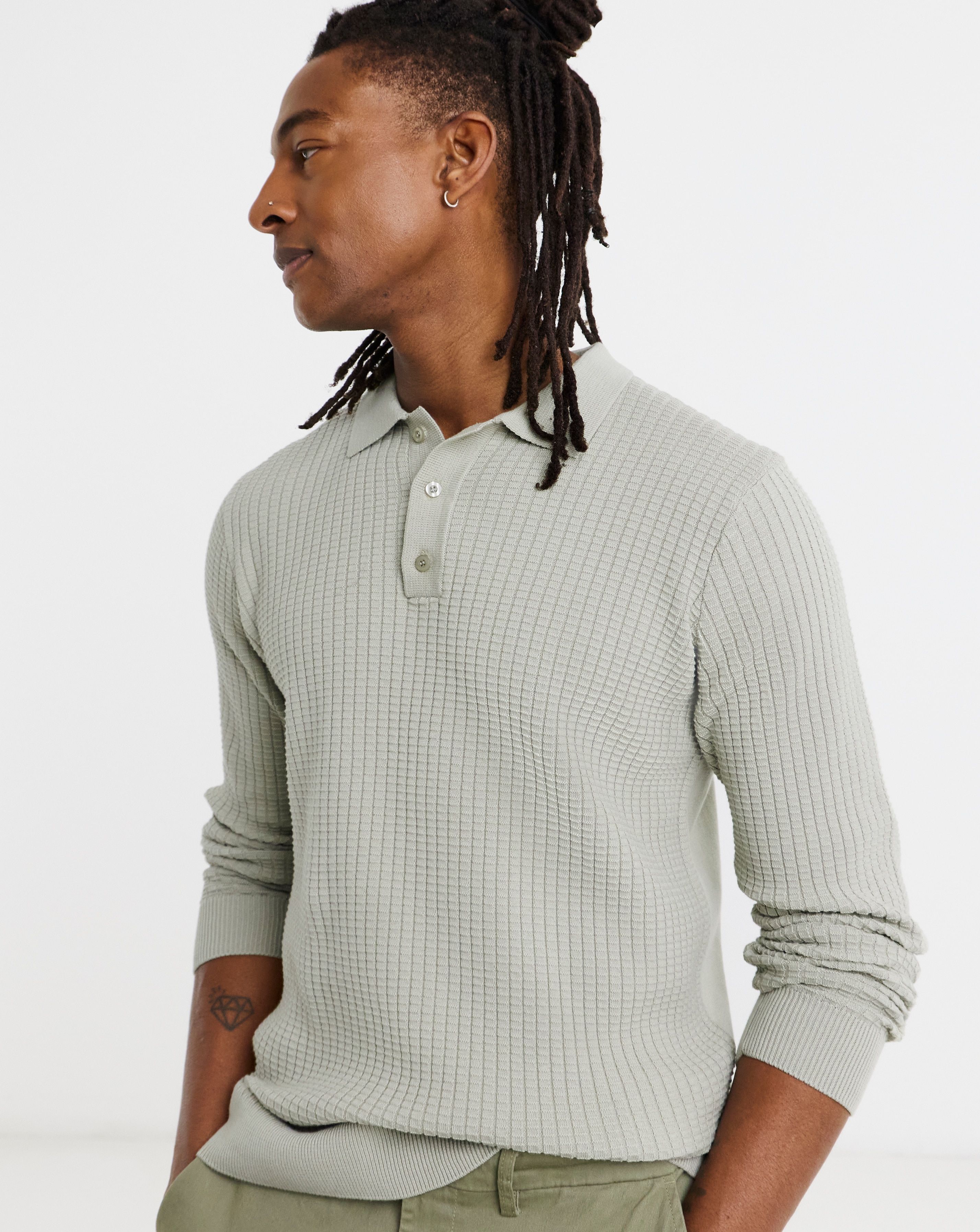 New In - Textured Long Sleeve Knitted Polo