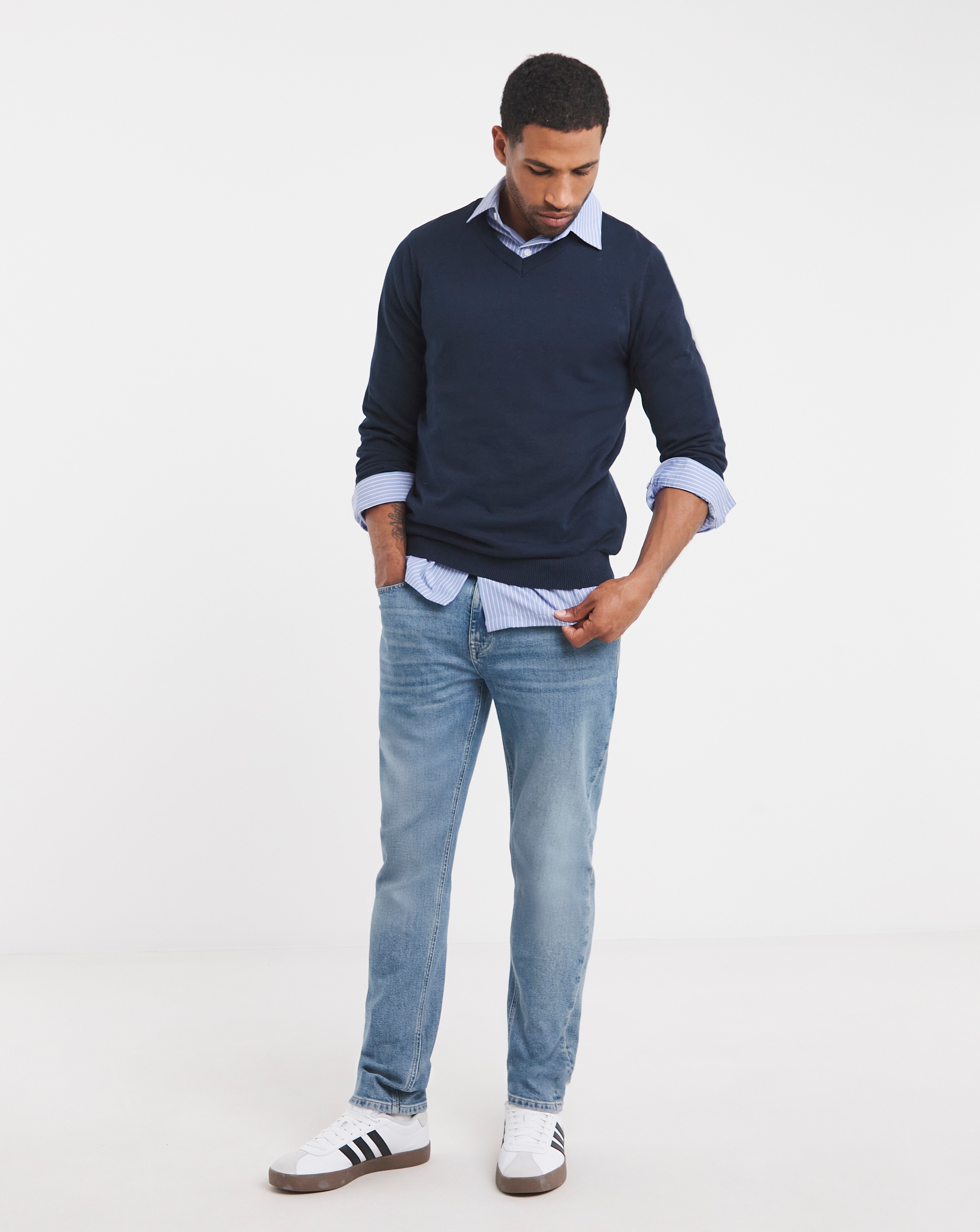 Cotton Knitted V Neck Jumper Long