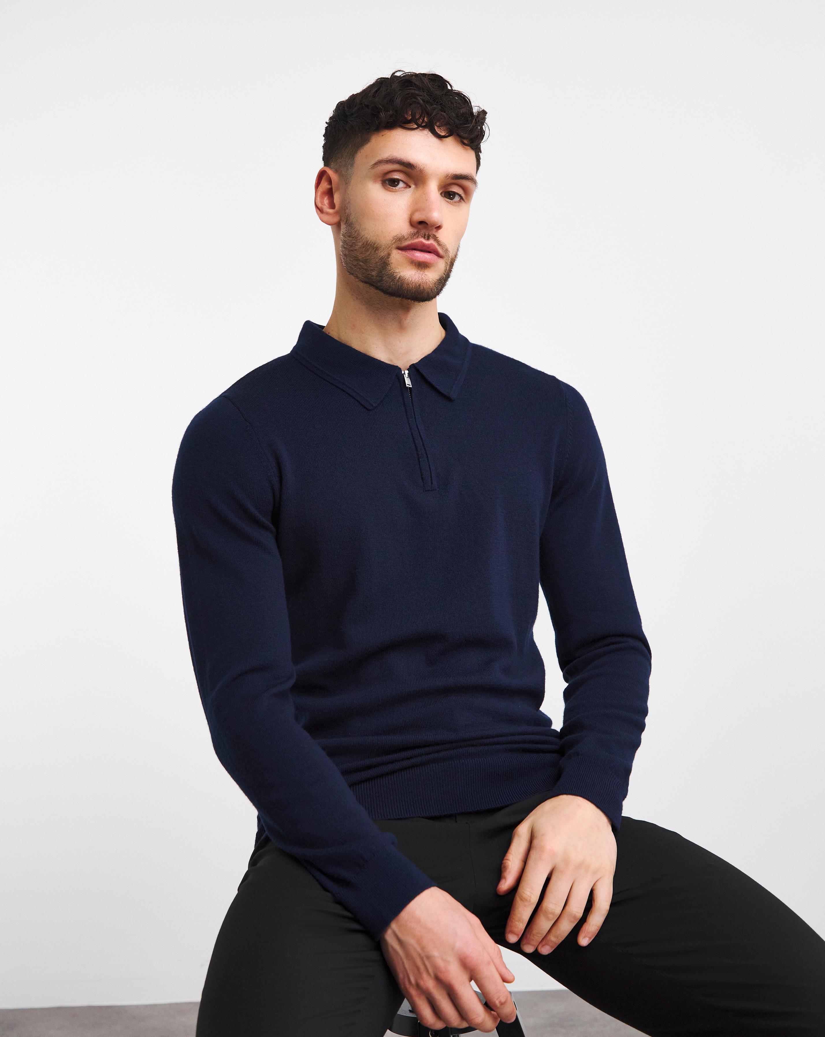 Navy Merino Wool Long Sleeve Zip