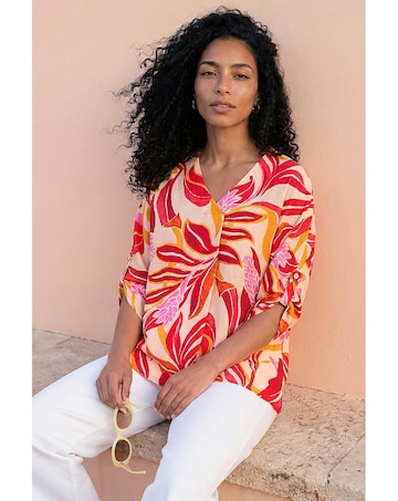 Roman Leaf Print V-Neck Pleat Front Top