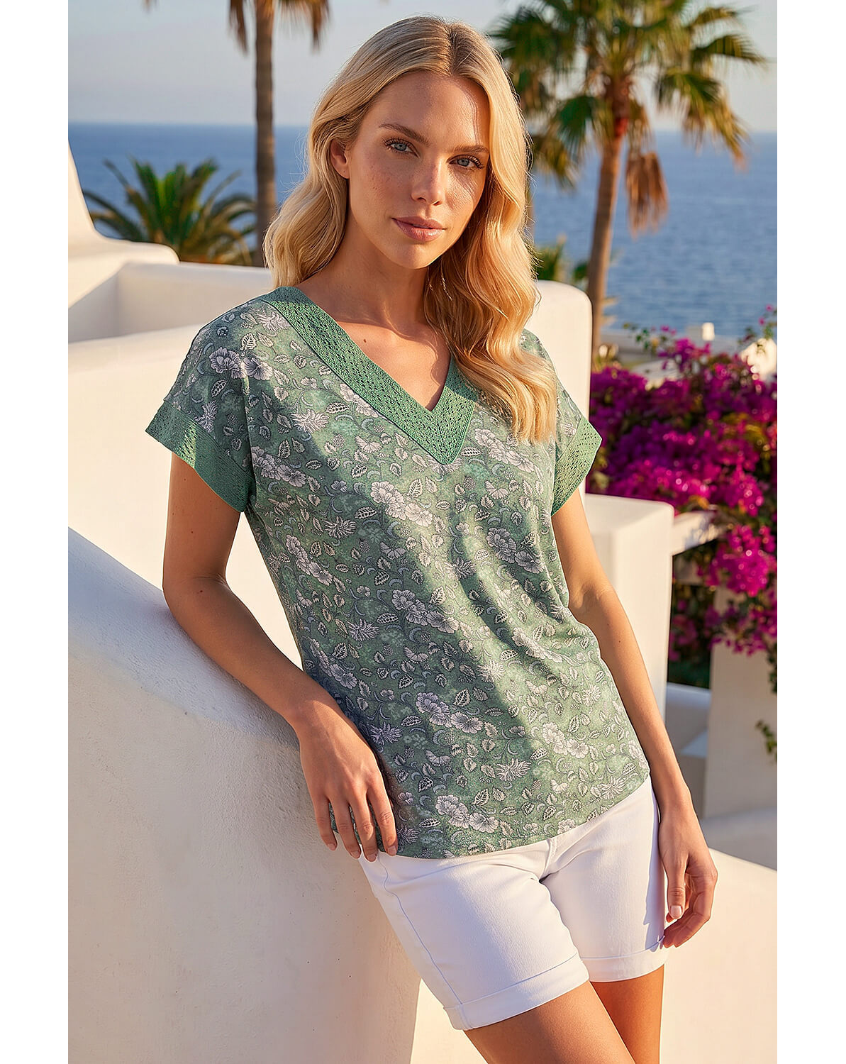 Roman Petite Lace Trim V-Neck Top