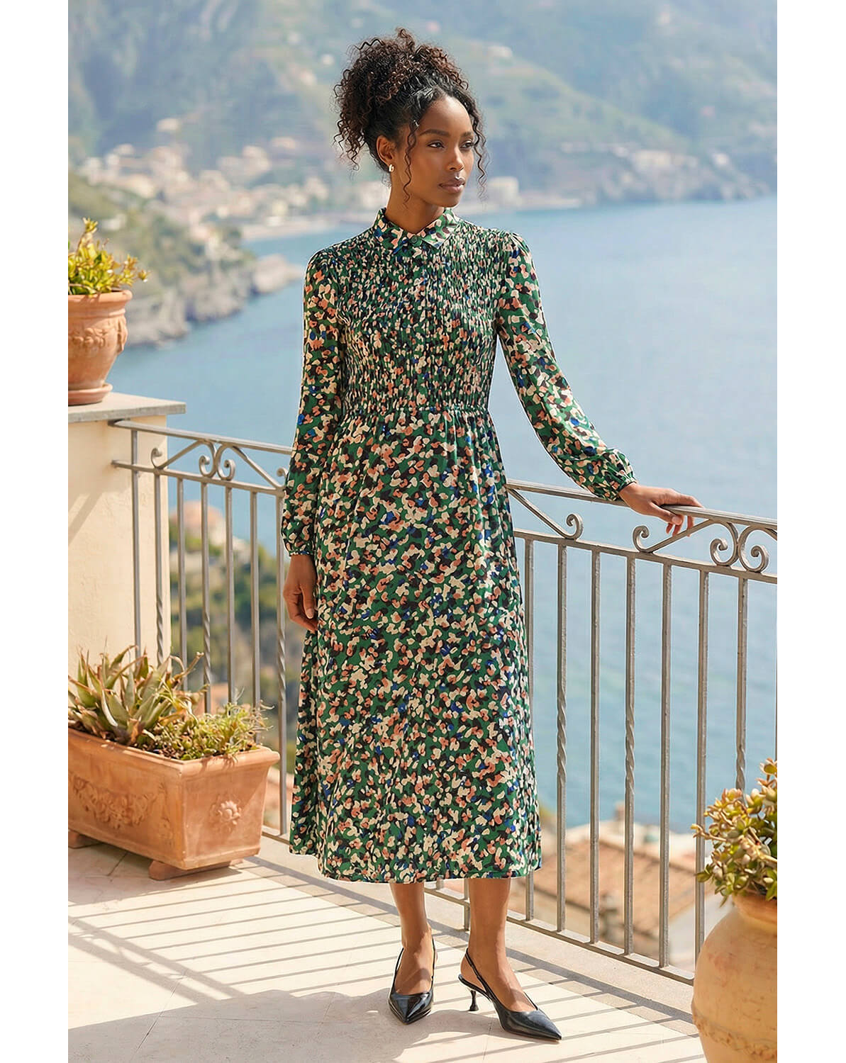 Roman Speckled Print Shirred Midi Dress