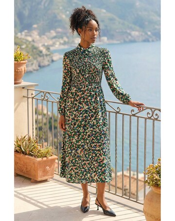 Roman Speckled Print Shirred Midi Dress