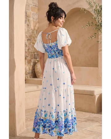 Roman Dusk Floral Puff Sleeve Midi Dress