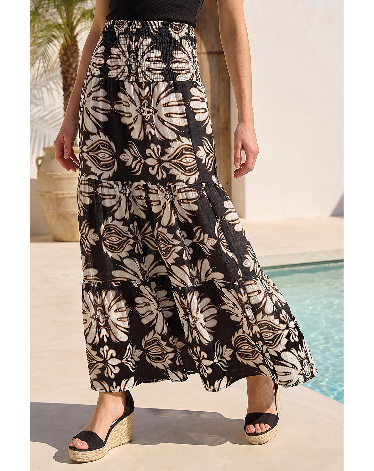 Roman Printed Tiered Shirred Maxi Skirt