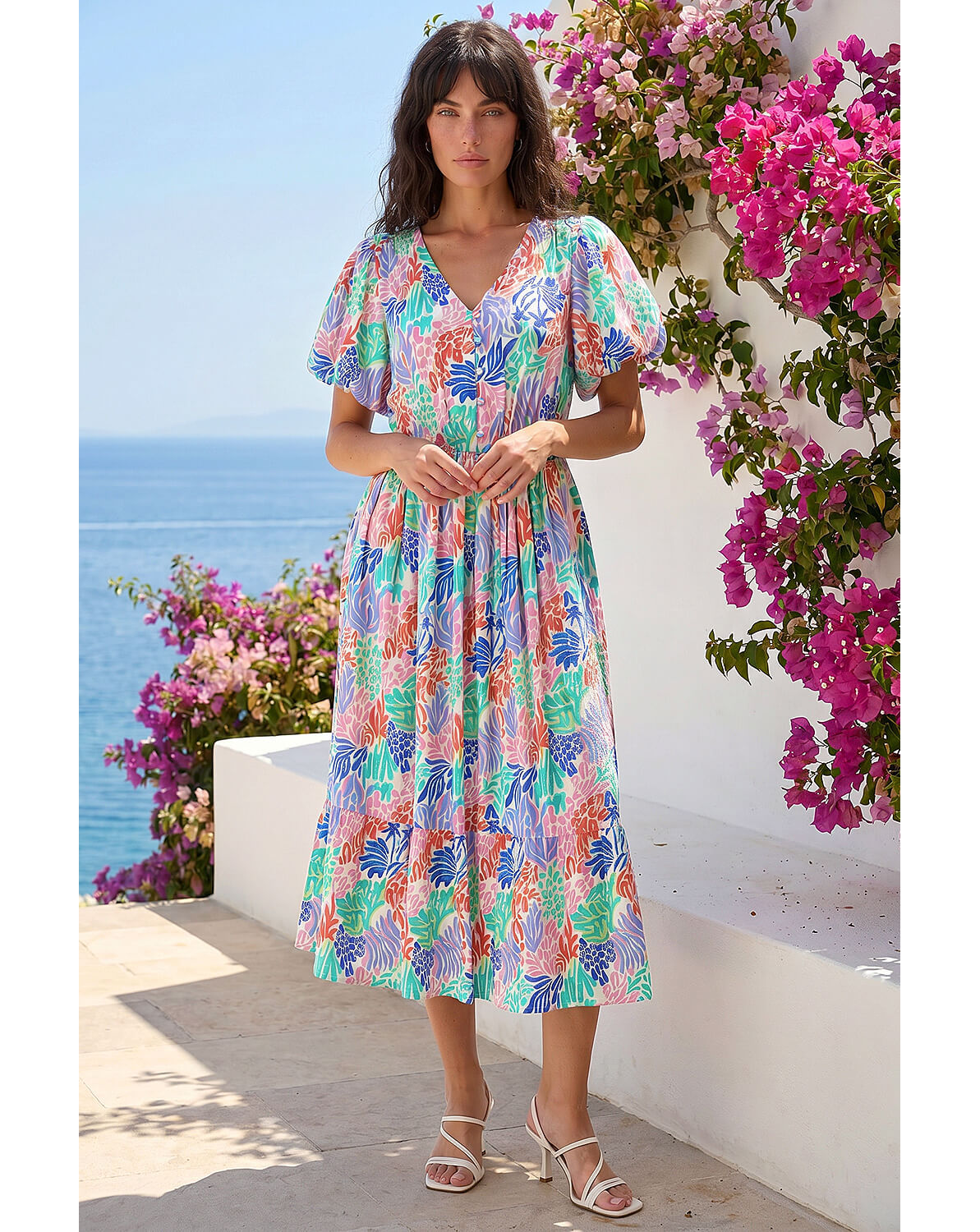 Roman Abstract Print Button Midi Dress