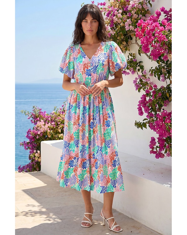 Roman Abstract Print Button Midi Dress