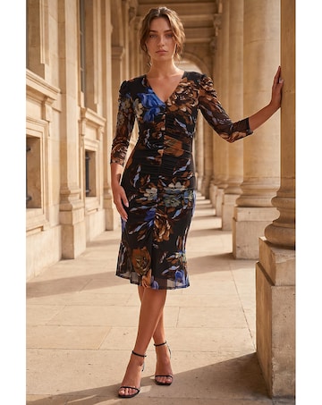 Roman Petite Mesh Ruched Dress