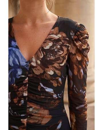 Roman Petite Mesh Ruched Dress