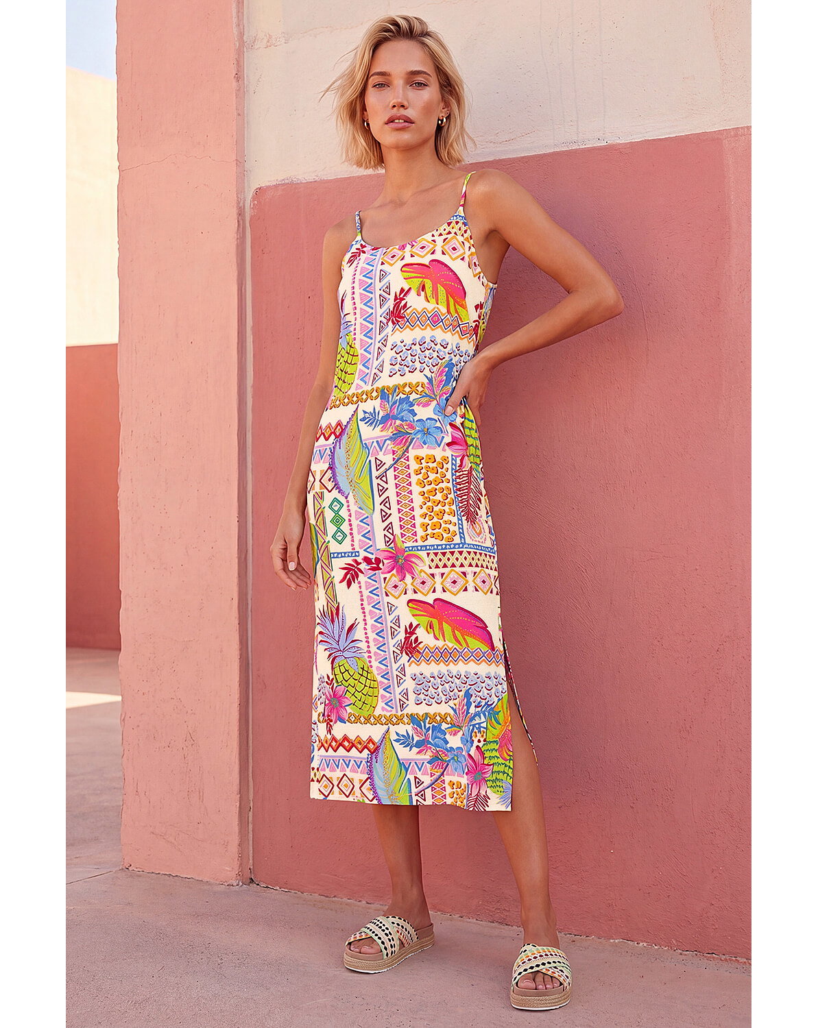Roman Pineapple Print Strappy Midi Dress