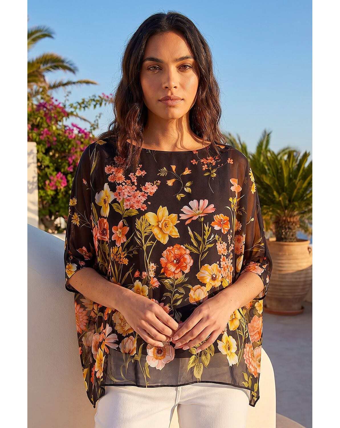 Roman Floral Print Sequin Tunic Top